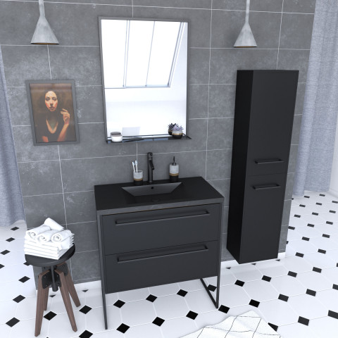 Pack meuble de salle de bain 80x50 cm noir - 2 tiroirs - vasque noire - miroir - colonne suspendu Aurlane - PACM064