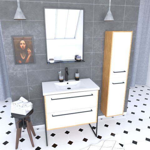 Ensemble de salle de bain 80cm + vasque blanche 80x50 + tiroir blanc mat + miroir + colonne Aurlane - PACM080
