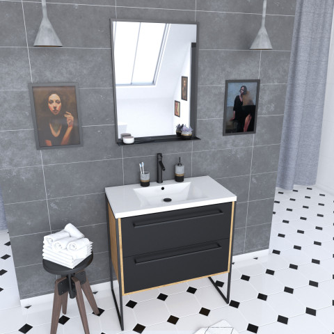 Meuble de salle de bain 80x50cm - vasque blanche 80x50cm - 2 tiroirs noir mat + miroir Aurlane - PACM089