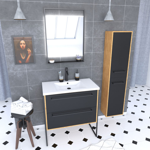Meuble de salle de bain 80x50cm - vasque blanche 80x50cm -2 tiroirs noir mat + colonne + miroir led Aurlane - PACM090