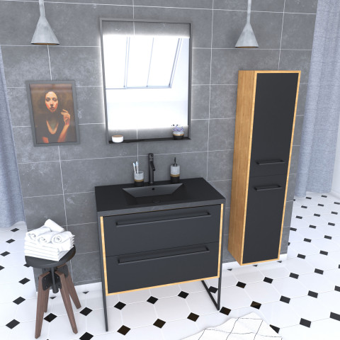 Meuble de salle de bain 80x50cm - vasque noir effet pierre -tiroirs noir mat + colonne + mirroir led