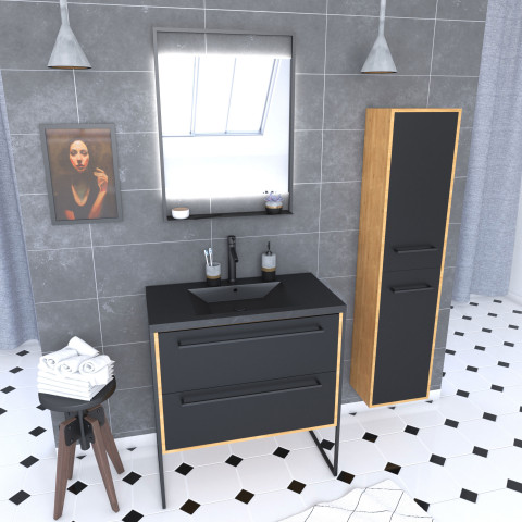 Meuble de salle de bain 80x50cm - vasque noir effet pierre -tiroirs noir mat + colonne + mirroir led Aurlane - PACM096