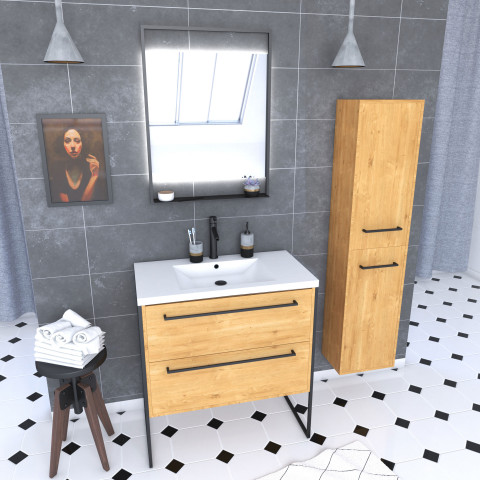 Meuble de salle de bain 80x50cm - vasque blanche - tiroirs finition chêne naturel + colonne + miroir Aurlane - PACM101