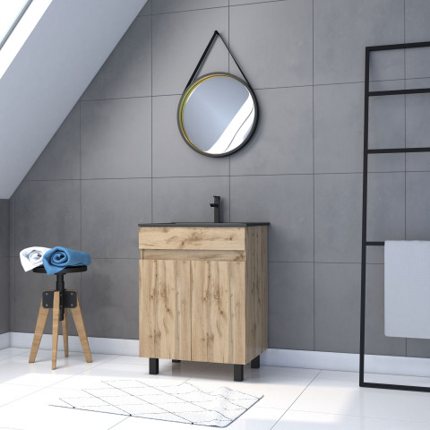 Meuble salle de bain 60x80 - finition chene naturel + vasque noire + miroir barber - timber 60 - pack20