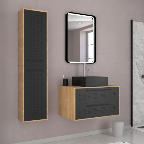 Pack meuble de salle de bain caisson 2 tiroirs + vasque carrée + colonne + miroir led - uby 80cm Aurlane - PACM276