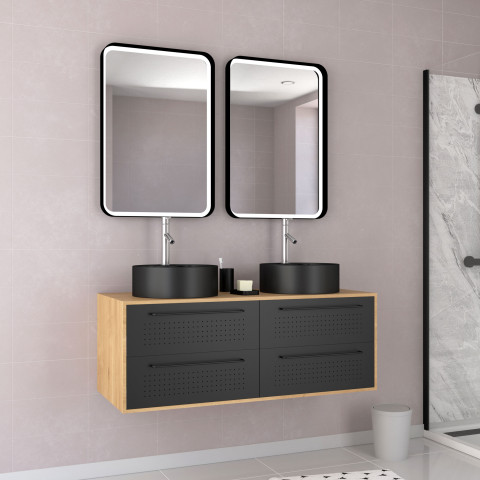 Meuble de salle de bains 120 cm_2 vasques rondes_2 miroirs led - chêne naturel et noir mat - uby