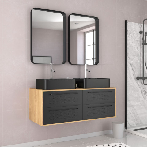 Meuble de salle de bains 120 cm_2 vasques rectangles_2 miroirs - chêne naturel et noir mat - uby Aurlane - PACM284