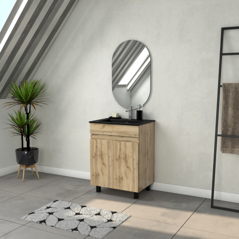 Meuble salle de bains 60cm 2 portes chêne industriel + vasque noire et miroir ovale Aurlane - PACM306