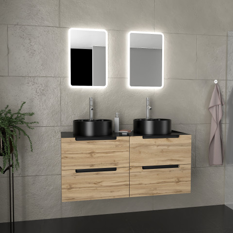 Meuble salle de bains 120cm chêne et noir, vasques rondes ø41cm et miroirs led 40x60 - omega Aurlane - PACM459