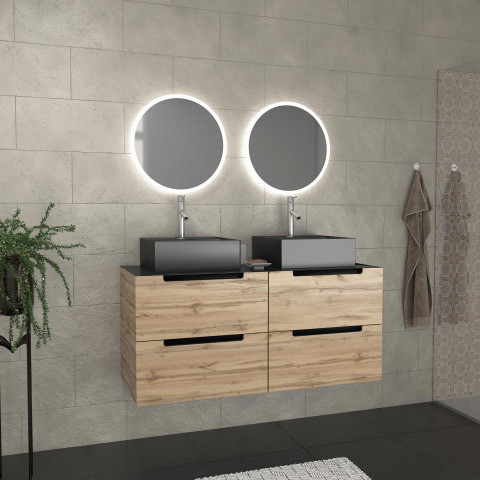 Meuble salle de bains 120cm chêne et noir, vasques carrées et miroirs led ø50cm - omega Aurlane - PACM509
