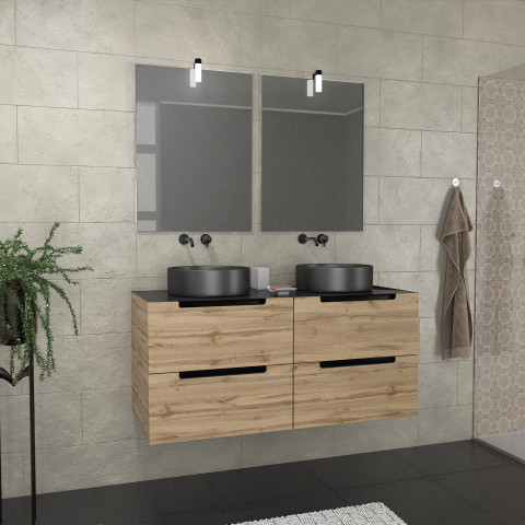 Meuble salle de bains 120cm chêne et noir, vasques rondes ø36 & miroirs avec appliques 55x75 - omega Aurlane - PACM599