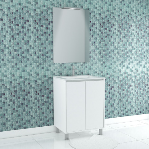 Pack meuble salle de bains 60cm blanc 2 portes, vasque, miroir 60x80 et réglette led - xenos Aurlane - PACM609