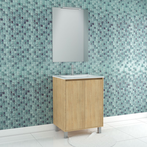 Pack meuble salle de bains 60cm chêne clair 2 portes, vasque, miroir 60x80 et réglette led - xenos Aurlane - PACM611