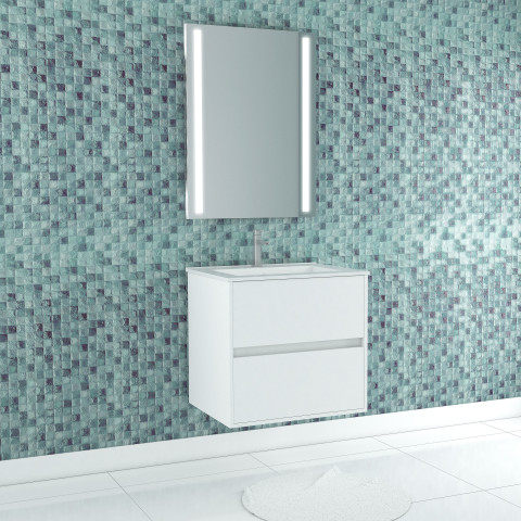 Pack meuble salle de bains 60cm blanc 2 tiroirs, vasque, miroir 60x80 à leds intégrées - xenos Aurlane - PACM614