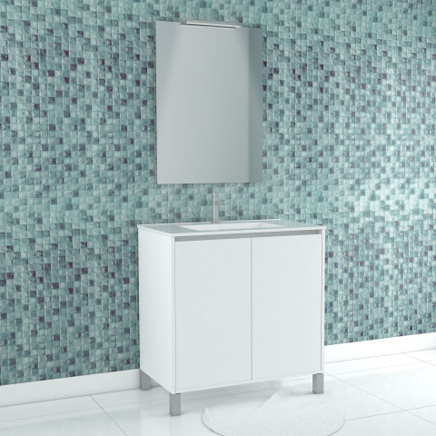 Pack meuble salle de bains 80cm blanc 2 portes, vasque, miroir 60x80 et réglette led - xenos Aurlane - PACM621