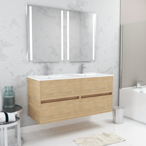 Meuble salle de bains 120 cm chêne clair 4 tiroirs, vasque, miroirs 60x80 à leds intégrées - xenos