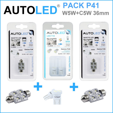 Pack p41 4 ampoules led / t10 (w5w) 4 leds + navette c5w 36mm 4 leds autoled®