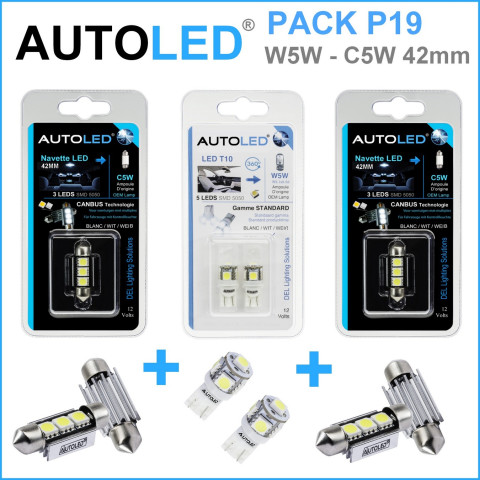 Pack p19 4 ampoules led w5w (t10)+navette c5w 42mm canbus autoled®