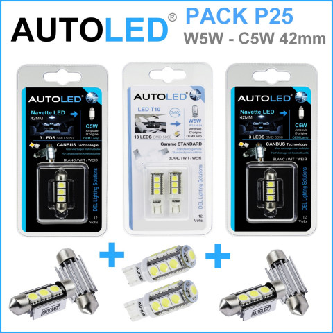 Pack p25 4 ampoules led w5w (t10)+navette c5w 42mm canbus autoled®