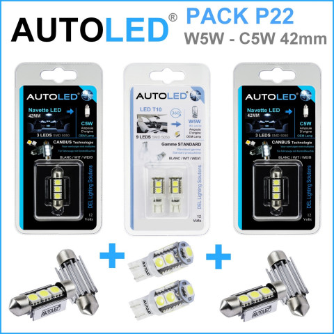 Pack p22 4 ampoules led w5w (t10)+navette c5w 42mm canbus autoled®