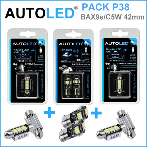 Pack p38 4 ampoules à led - h6w(bax9s) 5 leds canbus+navette c5w 42mm canbus autoled®