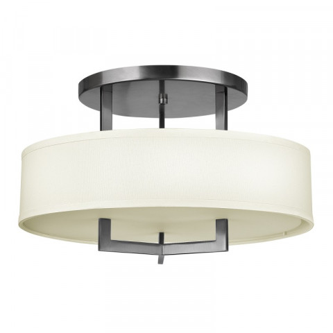 Plafonnier hampton, nickel antique et acrylique, abat-jour blanc cassé, 3 ampoules