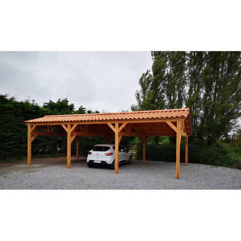 Abri deux pentes faitage decale, 500cmx950cm, bois douglas francais, carport, auvent, abri voiture, cpbf-v2pfd500x950