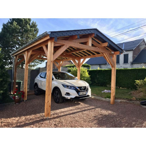 Abri deux pentes, 350cmx1150cm, bois douglas francais, carport, auvent, abri voiture, cpbf-v2p350x1150