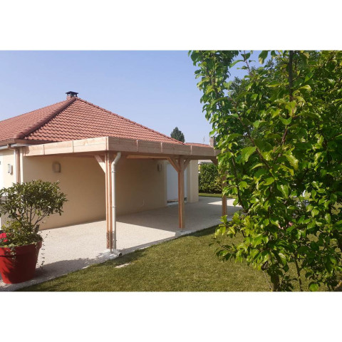 Abri toit plat adosse, 450cmx750cm, bois douglas francais, carport, auvent, abri voiture, cpbf-vtpa450x750