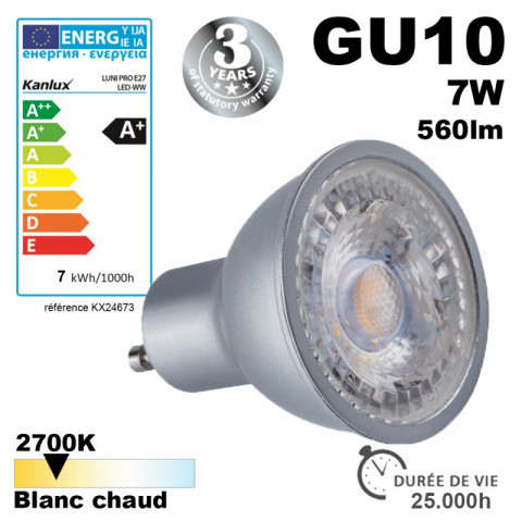 Ampoule led gu10 pro 7w équivalent 48w - garantie 3 ans led gu10 580lm - blanc neutre - 4000k - 120° - irc>95