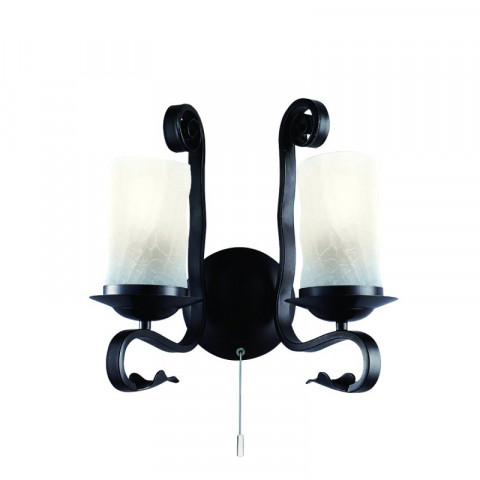Applique 2 ampoules scroll, en fer forgé noir et verre craquelé