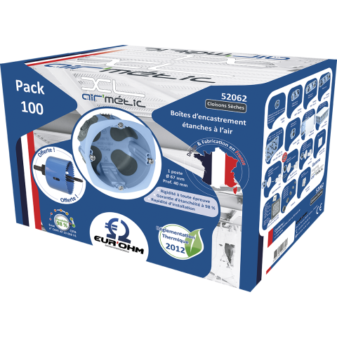 Pack de 100 Boîtes d'encastrement étanches à l'air 1 poste XL + Scie cloche Eur'Ohm diam. 67mm prof - EUROHM - 52062