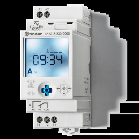 Horloge astronomique hebdomadaire digitale 1 inverseur 110 à 230V AC/DC, NFC - FINDER - 12A182300000