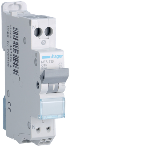 Disjoncteur Phase+ Neutre 16A 3kA Courbe C connexion automatique SanVis 1 Module - Hager