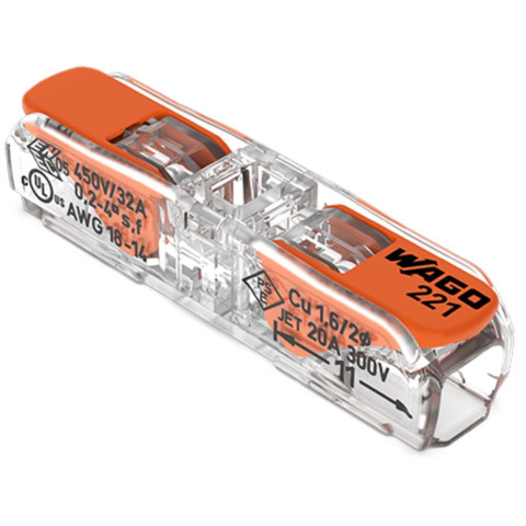 Borne à levier WAGO 221 Inline 2x4mm² à leviers souple & rigide - Wago - 60pcs - 221-2411