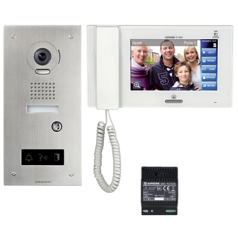 Kit vidéo JP platine inox encastrée, gd angle, pictogrammes, synthèse vocale , écran 7' tactile & alimentation - AIPHONE - JPS4AEDFL