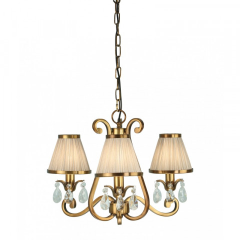 Chandelier oksana, laiton antique, gouttes cristal, 3 abat-jours beiges