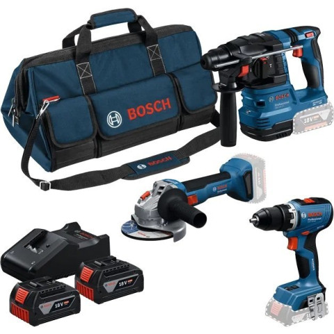 Set de 3 outils 18 V : GSR + GWS + GBH + 2 batteries GBA 18V 4.0 Ah + GAL 18V-40 Professional - BOSCH - 0615A50094