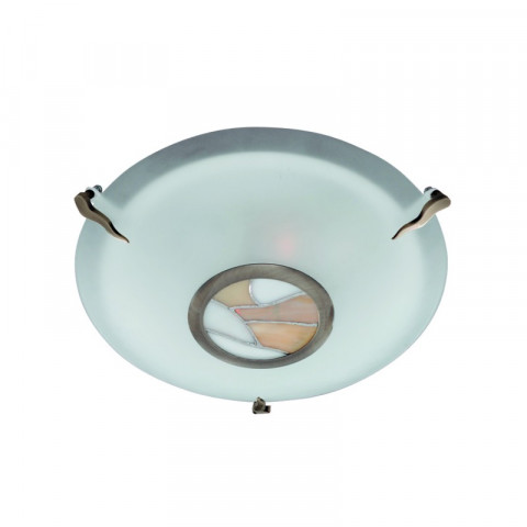 Plafonnier rond tiffany, en laiton antique et verre