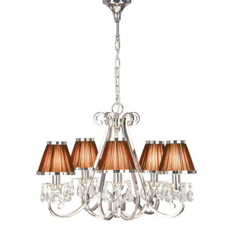 Chandelier oksana, nickel poli, pampilles cristal, 5 abat-jours chocolat