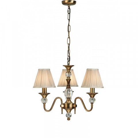 Suspension 3 ampoules polina, laiton antique et cristal, abat-jour beiges