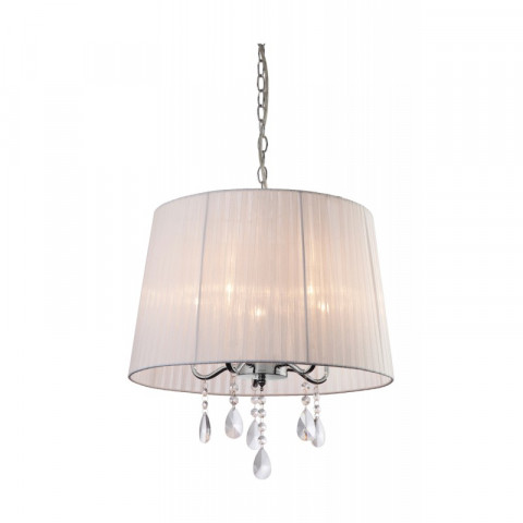 Suspension 5 ampoules organza, chrome et cristal, avec abat-jour blanc