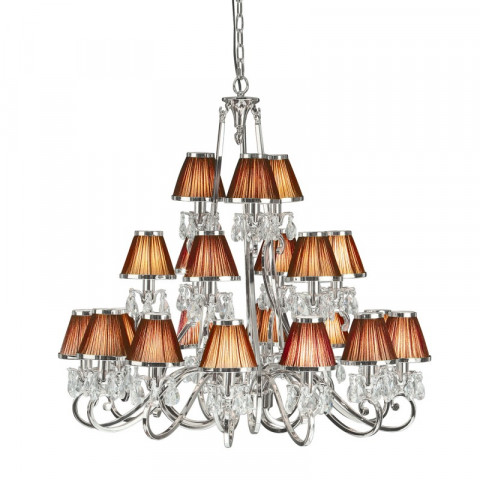 Chandelier oksana, nickel poli, pampilles cristal, 21 abat-jours chocolat