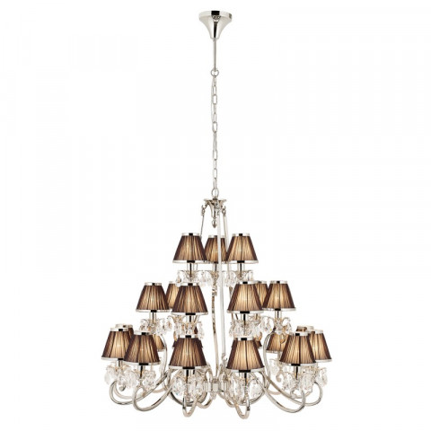 Chandelier oksana, nickel poli, pampilles cristal, 21 abat-jours noirs
