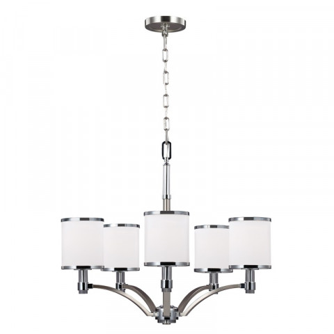 Chandelier prospect park, nickel satiné, chrome, verre opale, 5 éclairages