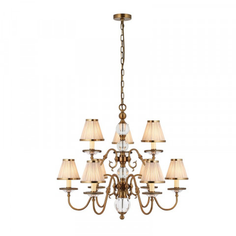 Chandelier tilburg, laiton antique 9 éclairages avec abat-jours beiges