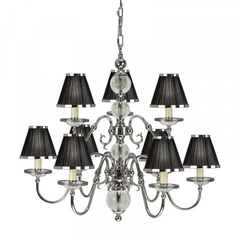 Chandelier tilburg, nickel poli, 9 abat-jours noirs