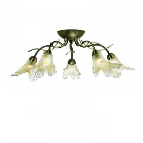 Plafonnier 5 ampoules lily, en laiton antique et verre ambre