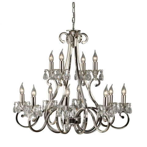 Chandelier oksana, nickel poli, pendeloques cristal, 12 éclairages