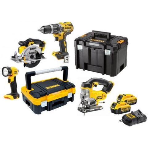 Pack 4 machines  18V DEWALT  Perceuse-visseuse COMPACT percussion (DCD796)  + scie sauteuse (DCS331) + scie circulaire (DCS391) + Lampe (DCL040) DEWALT DCK457M3T